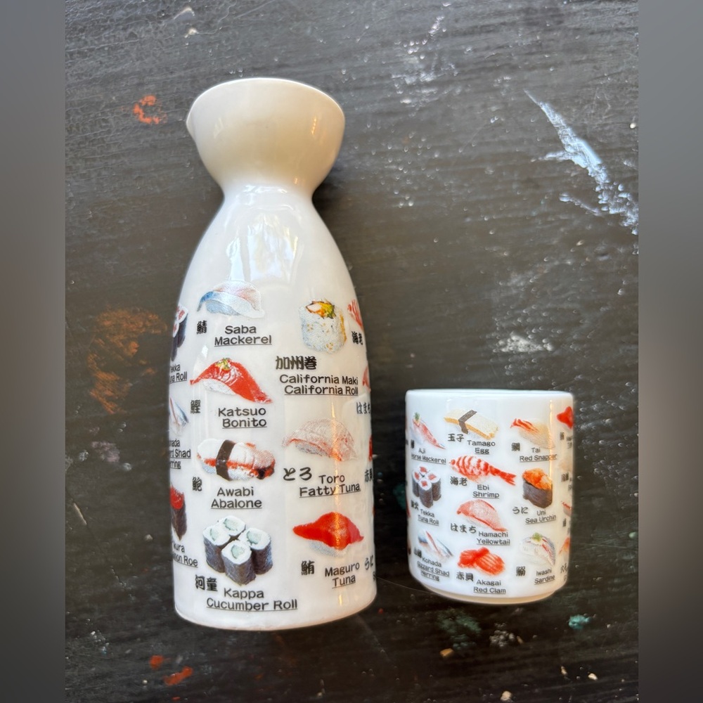 vintage sake set with sushi